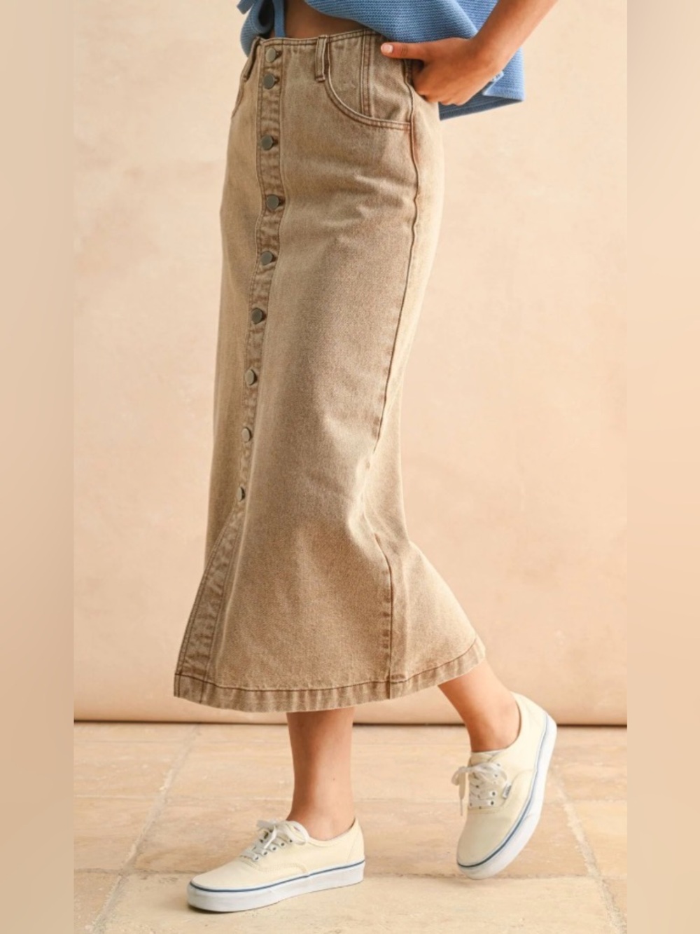 NWT- SoMe Steph Mineral Button Front Midi Denim Skirt size small - Picture 2 of 11